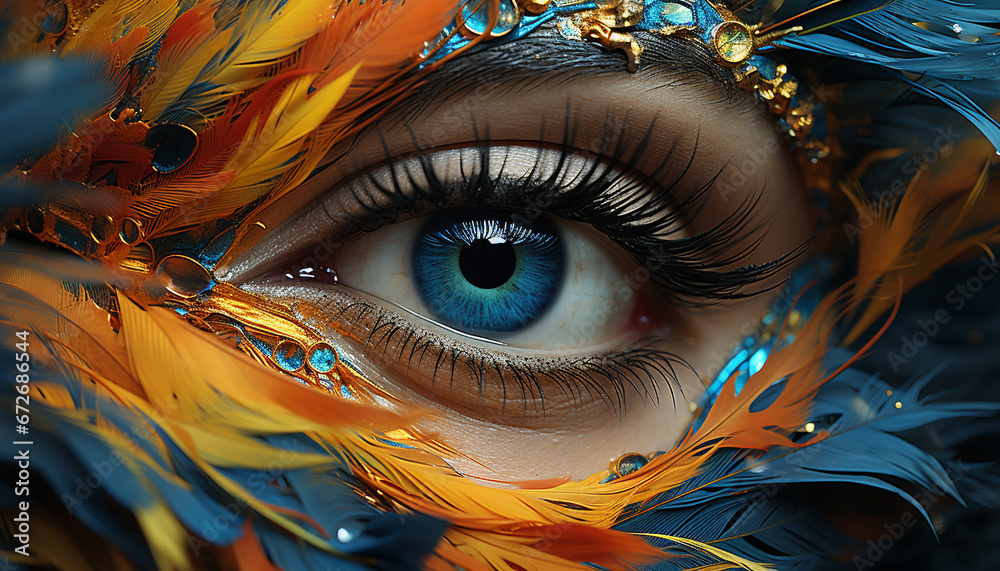 Feathered elegance, vibrant colors, beauty in a woman eye generated by AI