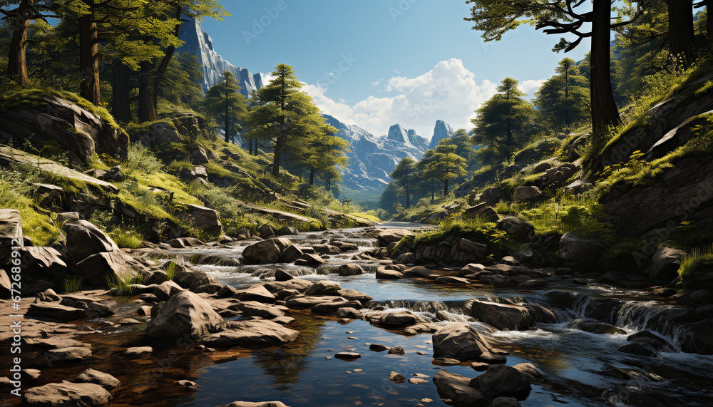 Tranquil scene  Majestic mountain peak reflects in flowing, fresh, wet meadow generated by AI