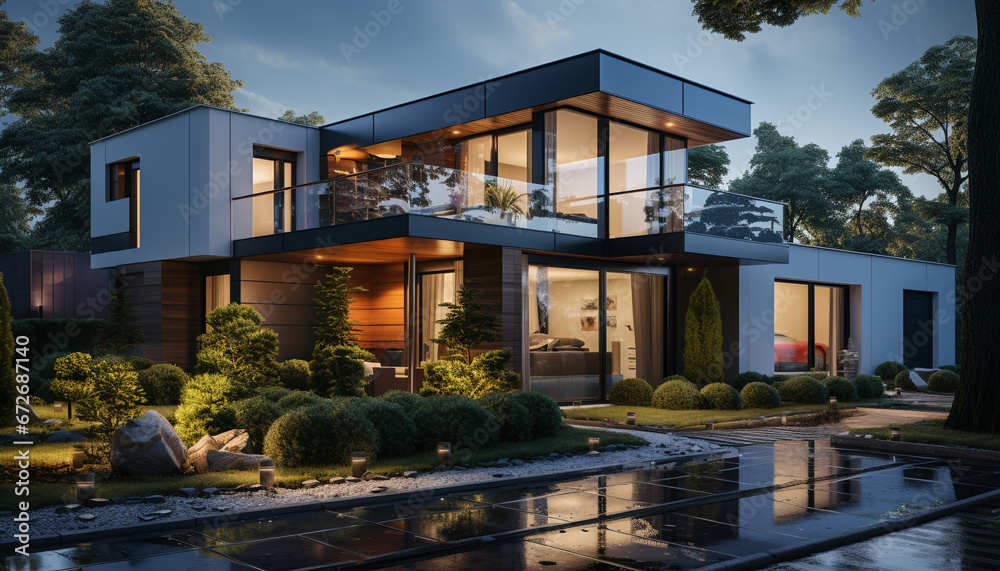 Modern architecture illuminates the night with luxury homes and swimming pools generated by AI