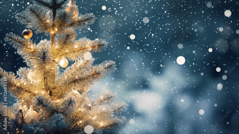 Christmas tree outside on a snowy night