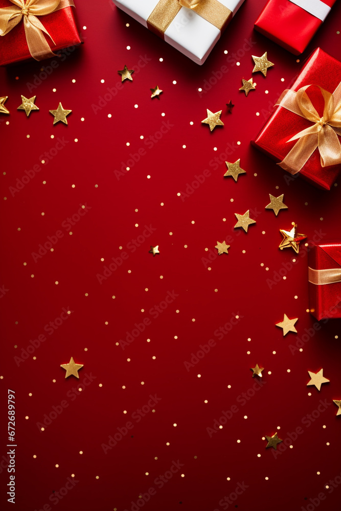 Christmas present gift boxes on a deep red background