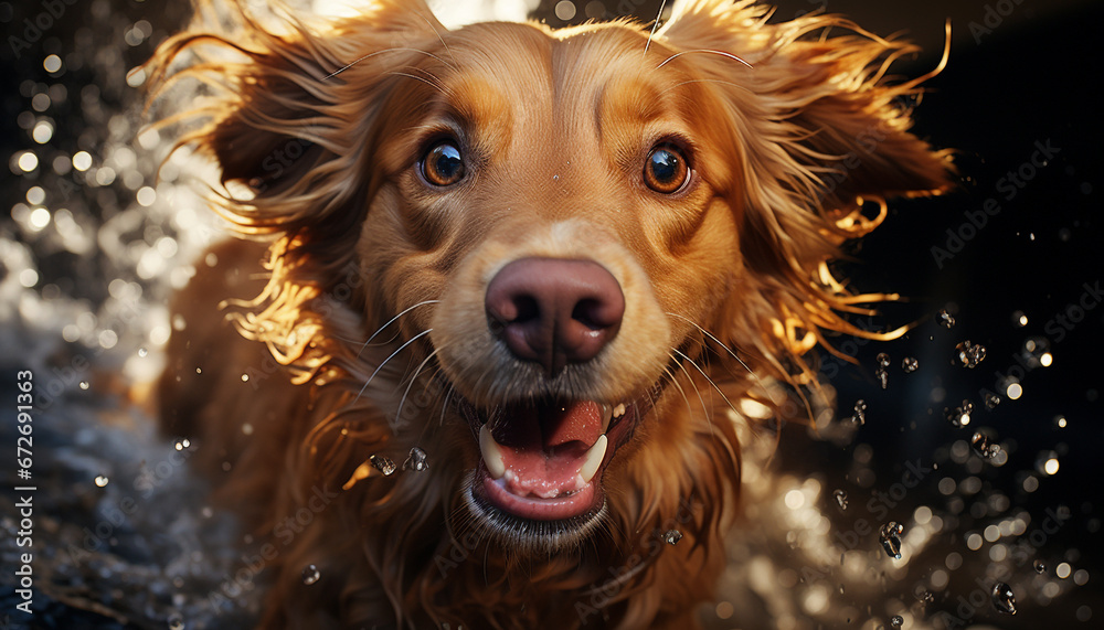 Cute puppy sitting, wet fur, playful, looking at camera, adorable generated by AI