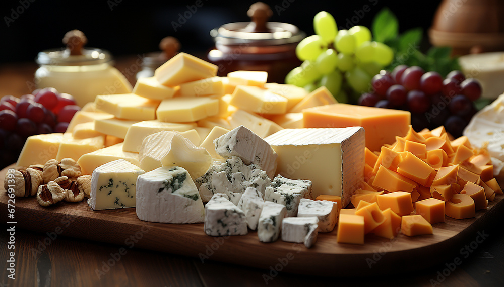 A variety of gourmet cheeses on a rustic wooden plank generated by AI