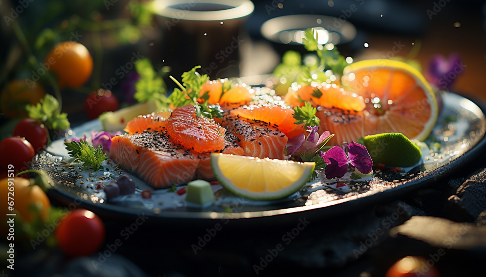 Fresh seafood, gourmet meal, healthy eating, grilled fish, vegetarian salad generated by AI