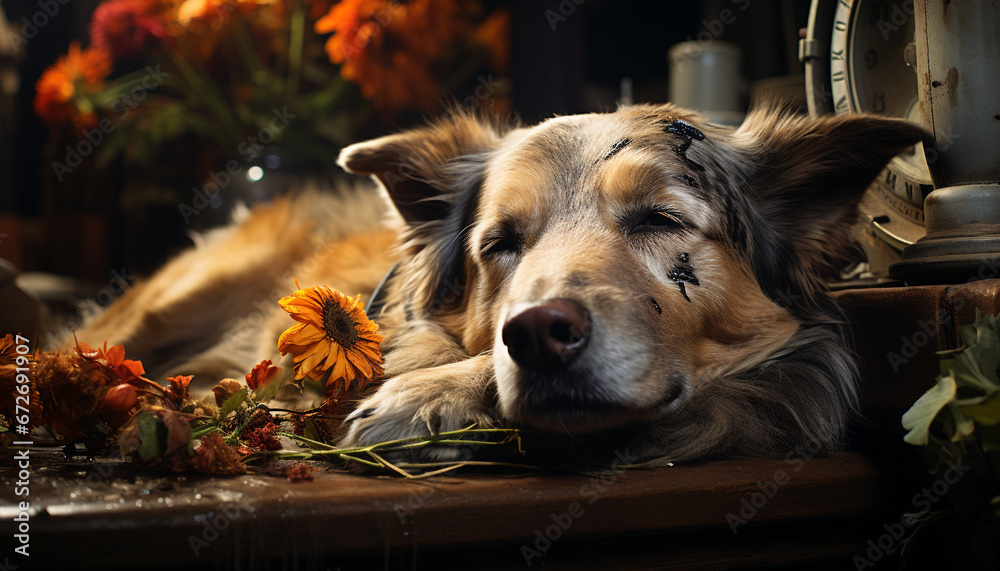 Cute puppy sitting, looking at camera, surrounded by nature generated by AI