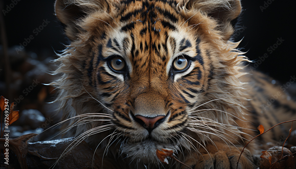 Majestic Bengal tiger, wildcat, staring, danger, beauty in nature generated by AI