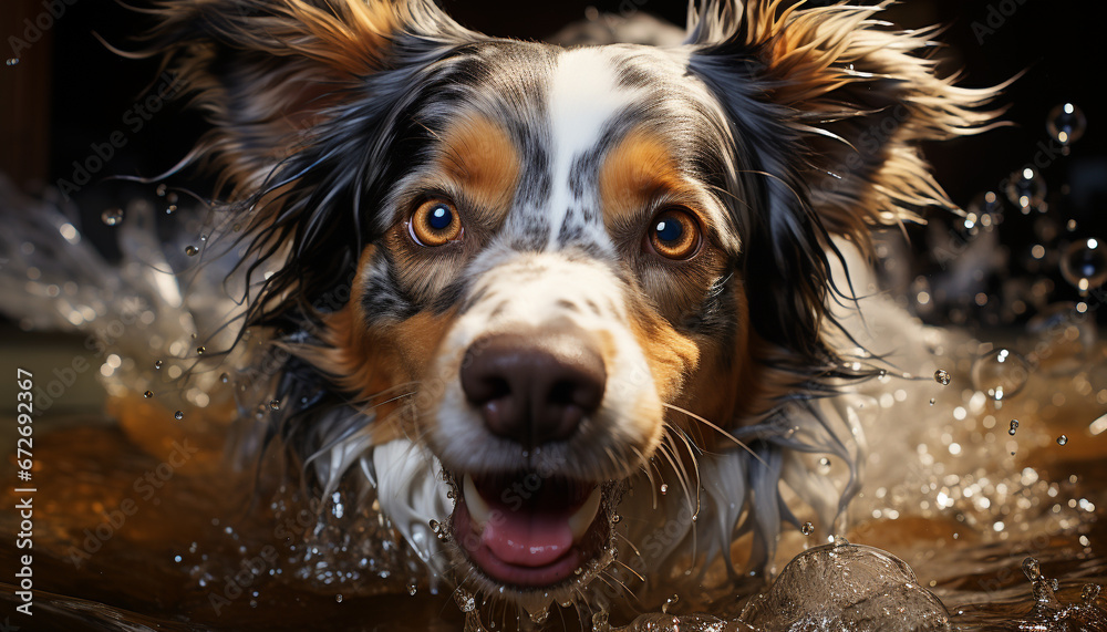 Cute puppy sitting, wet fur, looking at camera, playful nature generated by AI