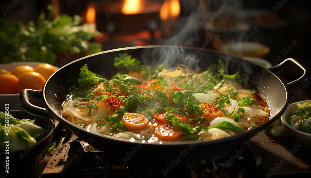 Freshness and heat create a gourmet meal on a cooking pan generated by AI