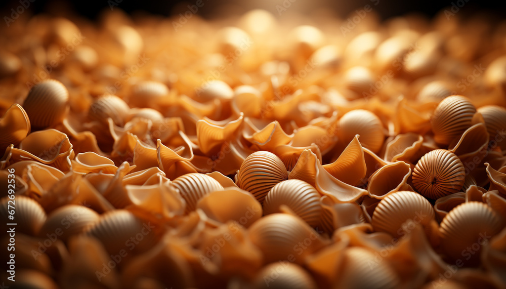 Large group of seashells and starfish in beautiful underwater pattern generated by AI