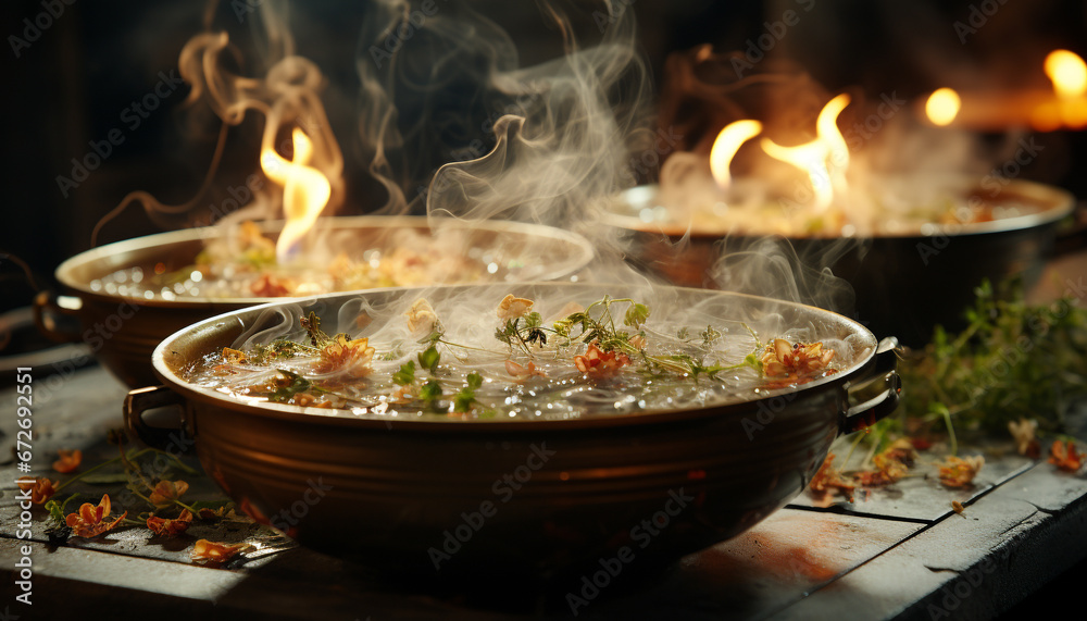 A steamy bowl of healthy vegetable soup on a wooden table generated by AI