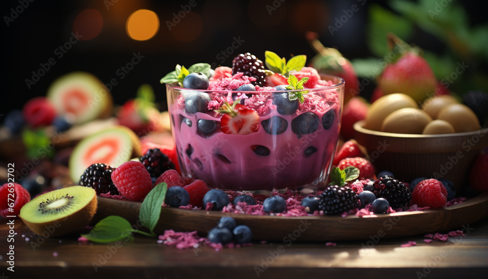 Freshness and sweetness in a bowl of berry fruit dessert generated by AI