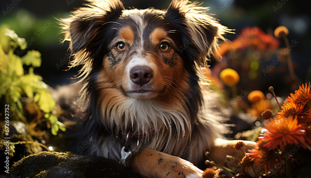 Cute puppy sitting on grass, looking at camera with loyalty generated by AI