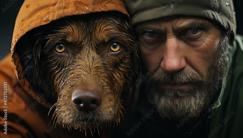 A cute dog and its owner smiling in the winter forest generated by AI