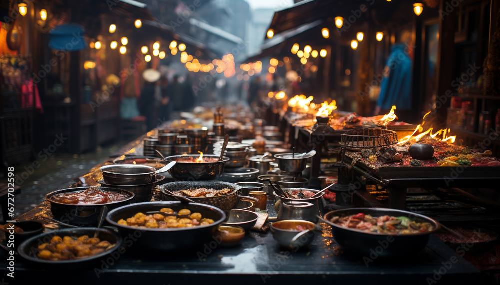 Nighttime celebration of traditional festival with gourmet meal and fresh vegetables generated by AI