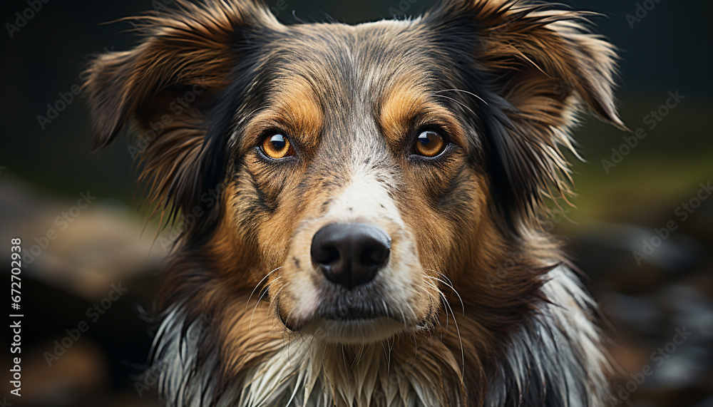 A loyal German Shepherd sitting, looking at camera, in nature generated by AI