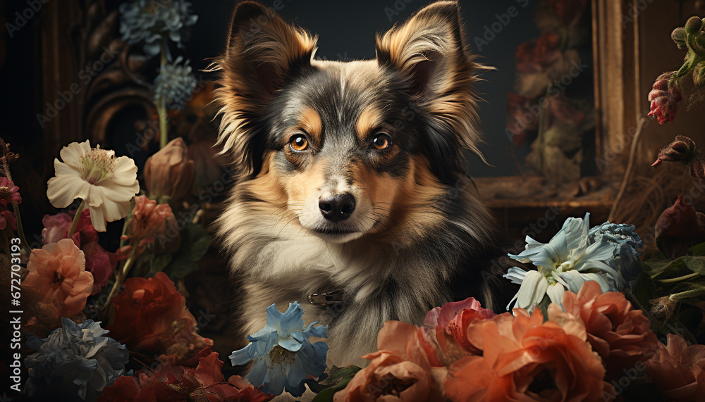 Cute puppy sitting, looking at flower, surrounded by loyal pets generated by AI