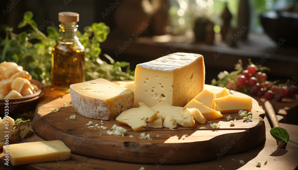 A rustic table with gourmet cheeses, fresh bread, and wine generated by AI