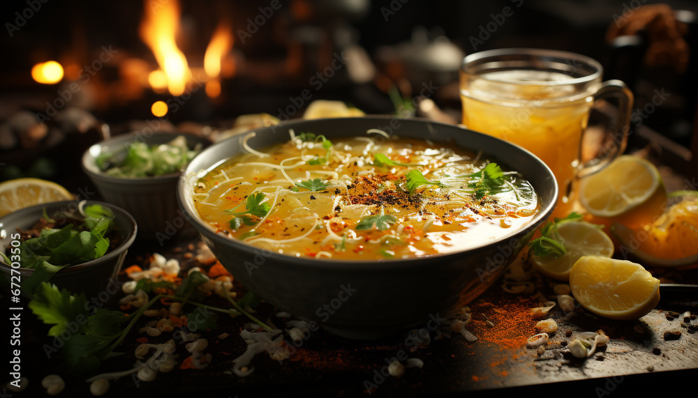 Freshness and heat combine in a healthy, rustic homemade vegetable soup generated by AI