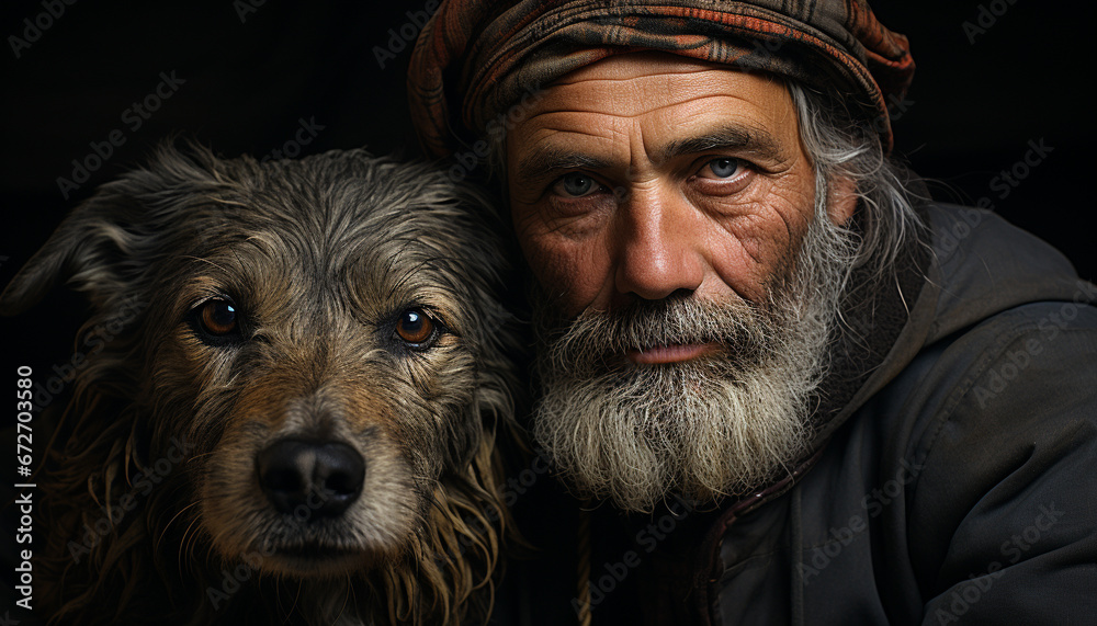 A smiling man with a beard and gray hair, looking at camera with his dog generated by AI