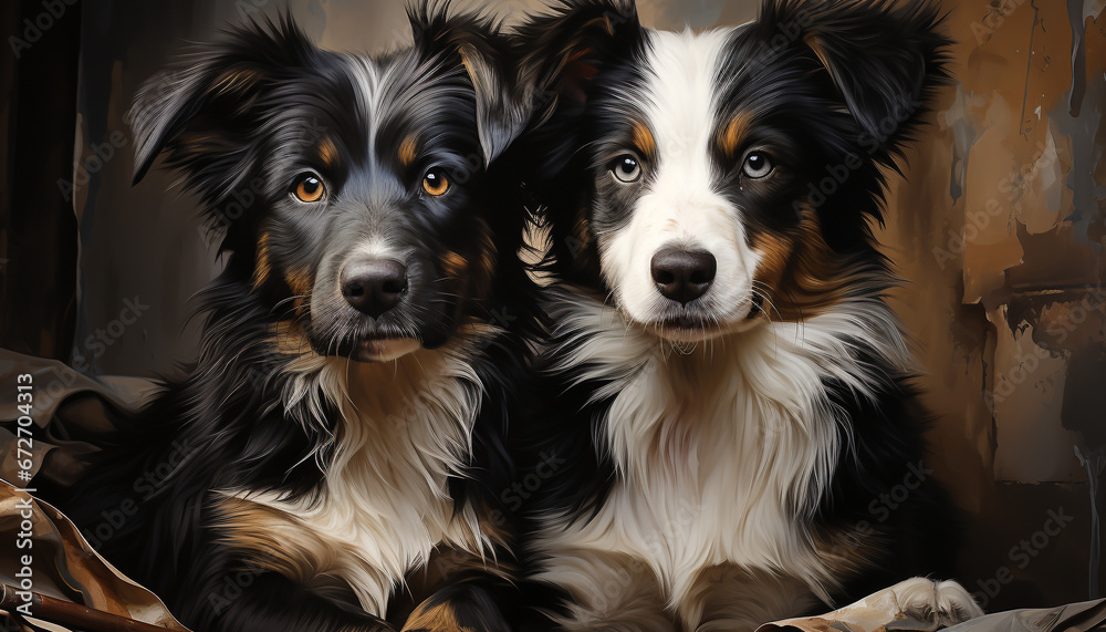 Two cute puppies sitting together, looking at the camera, purebred dogs generated by AI