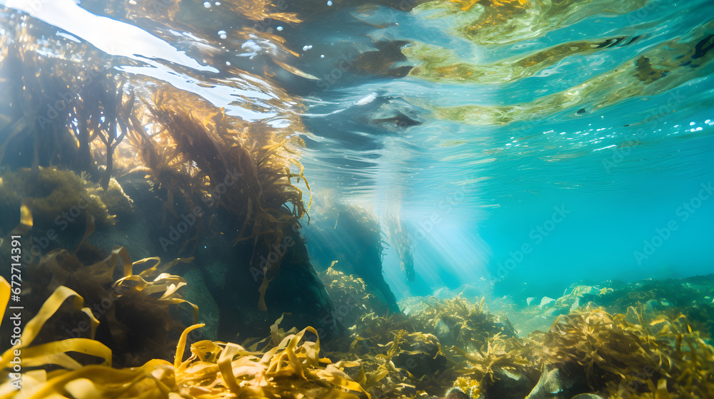 underwater scene with sun rays, underwater scene with reef and fishes, Tranquil underwater scene with copy space,Nature habitat underwater