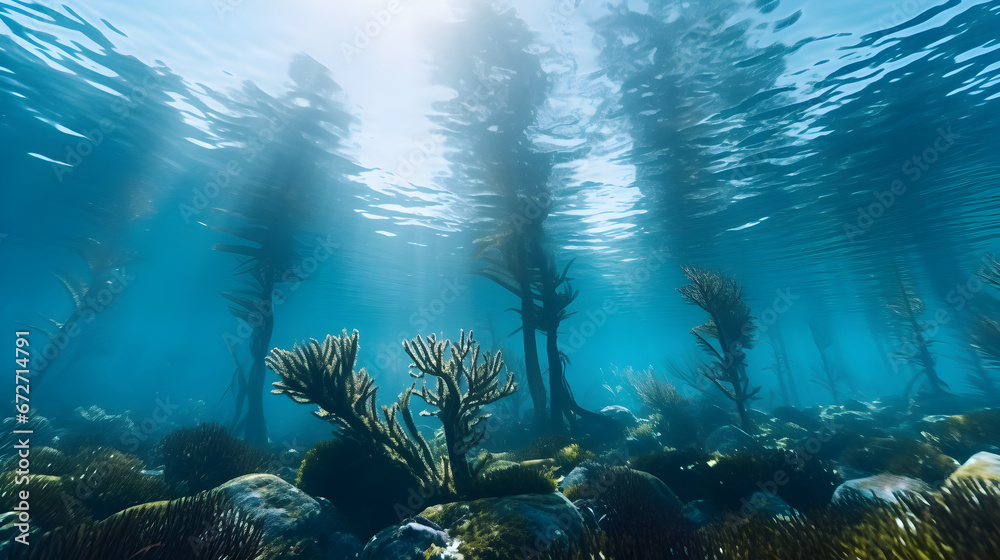 underwater scene with sun rays, underwater scene with reef and fishes, Tranquil underwater scene with copy space,Nature habitat underwater