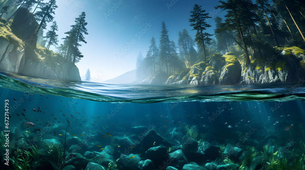 underwater scene with sun rays, underwater scene with reef and fishes, Tranquil underwater scene with copy space,Nature habitat underwater