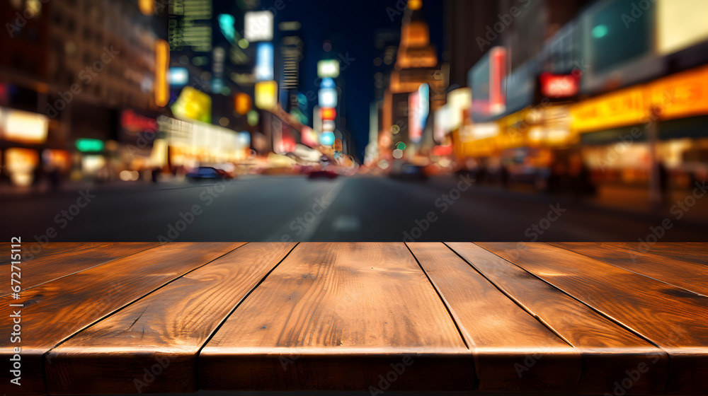 The empty wooden table top with blur background of  street.at night