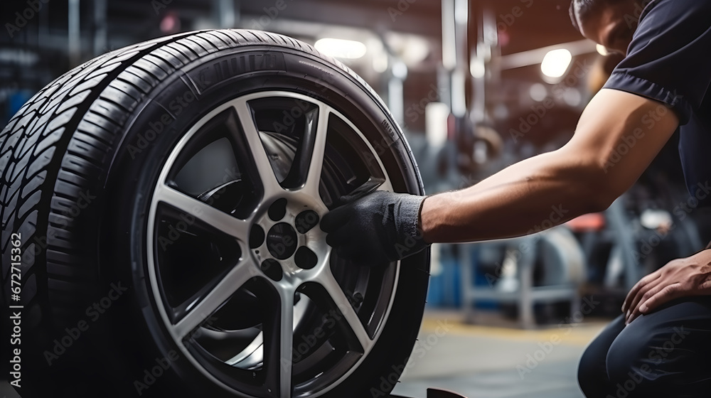 Mechanic repairing tire: Vulcanization, Tire Sales Worker Finishing Change of Car Wheels.