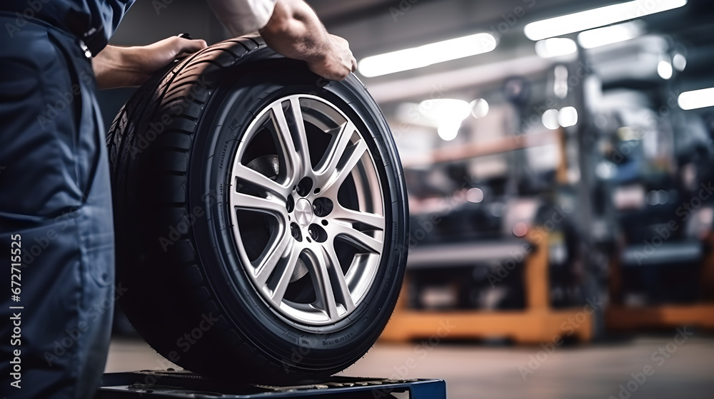 Mechanic repairing tire: Vulcanization, Tire Sales Worker Finishing Change of Car Wheels.