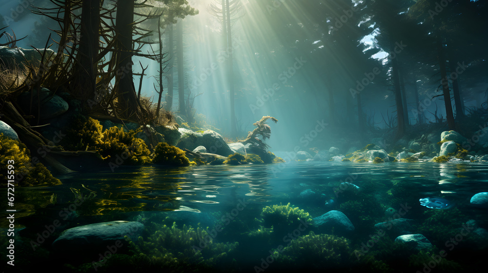 misty forest in the morning with river and fog, forest scene with sun rays, nature background