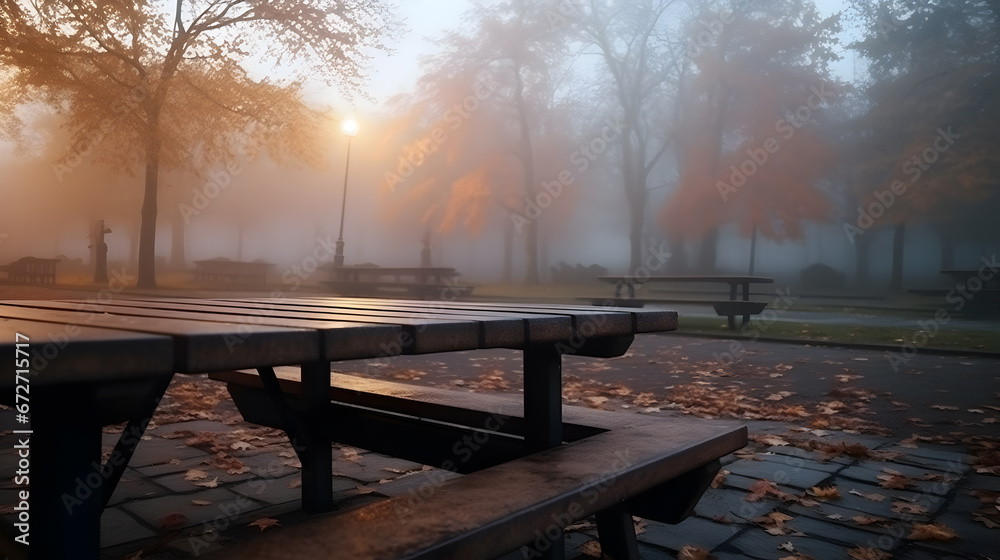 morning auntumn  in the park,Wooden table on the background of th foggy park