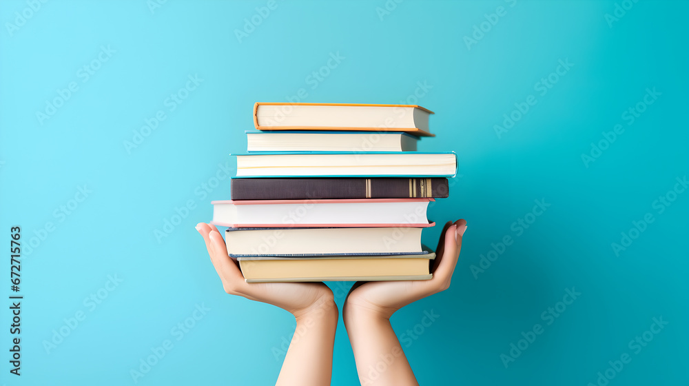 Woman hands holding pile of books over light blue background. Education, library, science, knowledge, studies, book swap, hobby, relax time