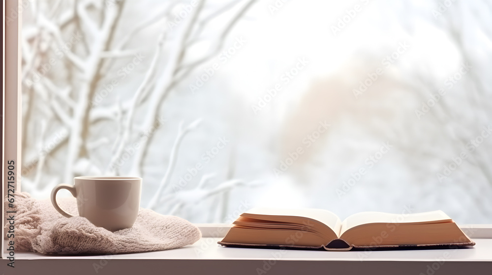 Winter still life with hot coffee and book on vintage windowsill view of snowy landscape With copyspace for text