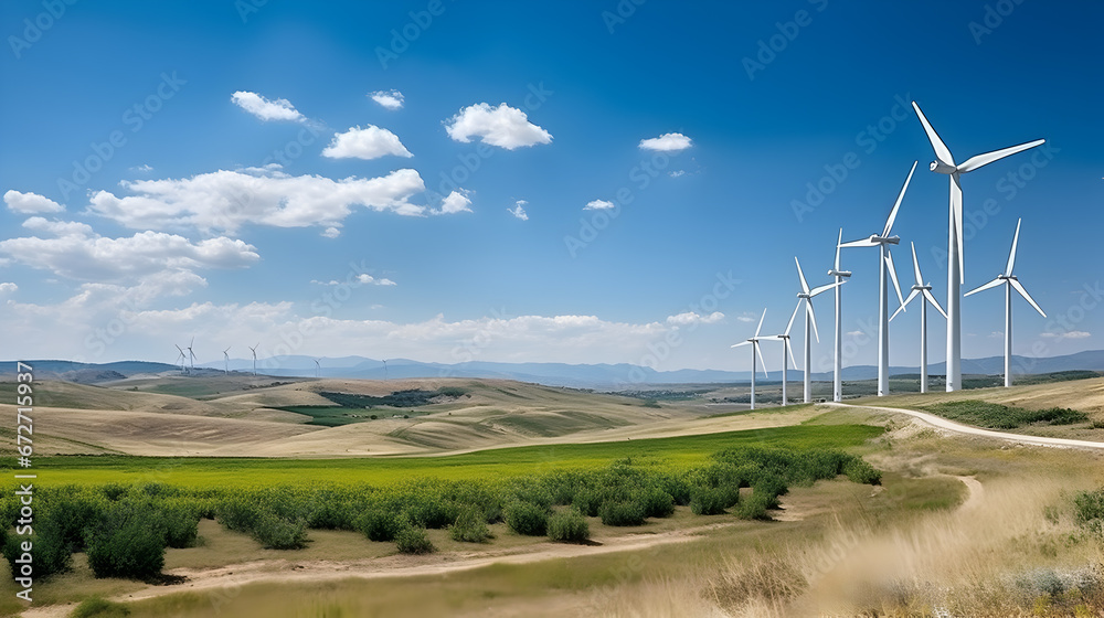 Wind turbines renewable energy, production with clean and renewable energy,windmill park with clouds and a blue sky, windmill park in the ocean aerial view with wind turbine