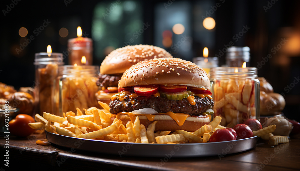 Grilled gourmet burger on wooden table, close up, delicious generated by AI