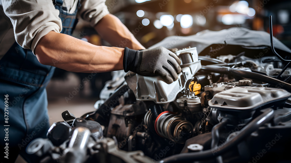 Auto mechanic repairing car,  Mechanic Working on a Vehicle in a Car Service. Professional Repairman is Wearing Gloves and Using a Ratchet Underneath the Car. Modern Clean Workshop.