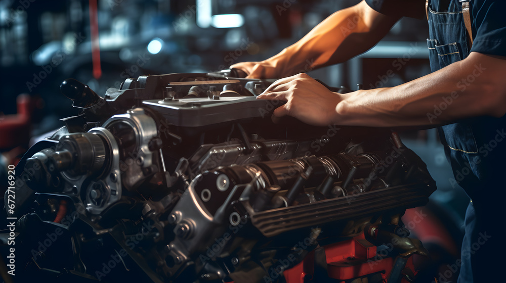 Auto mechanic repairing car,  Mechanic Working on a Vehicle in a Car Service. Professional Repairman is Wearing Gloves and Using a Ratchet Underneath the Car. Modern Clean Workshop.