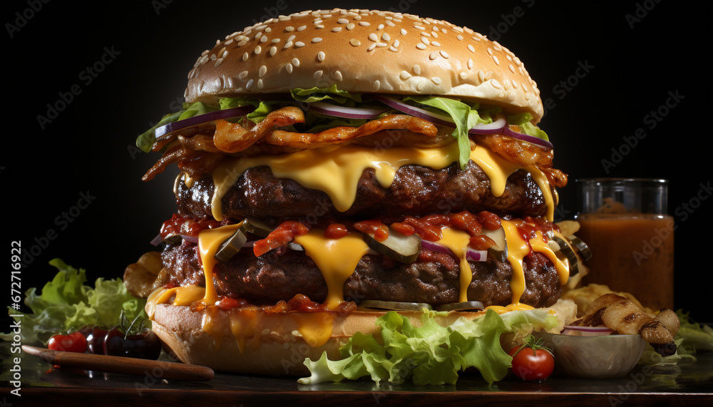 Grilled cheeseburger on bun, with tomato, onion, and fries generated by AI