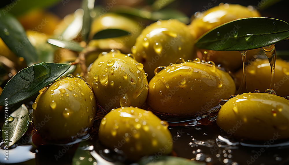 Fresh green olives glisten with dew, reflecting nature healthy eating generated by AI