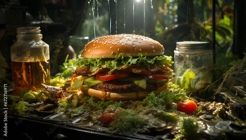 Grilled cheeseburger on a wooden table, fresh and delicious generated by AI