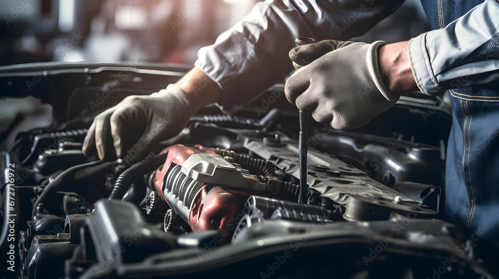 Auto mechanic repairing car,  Mechanic Working on a Vehicle in a Car Service. Professional Repairman is Wearing Gloves and Using a Ratchet Underneath the Car. Modern Clean Workshop.