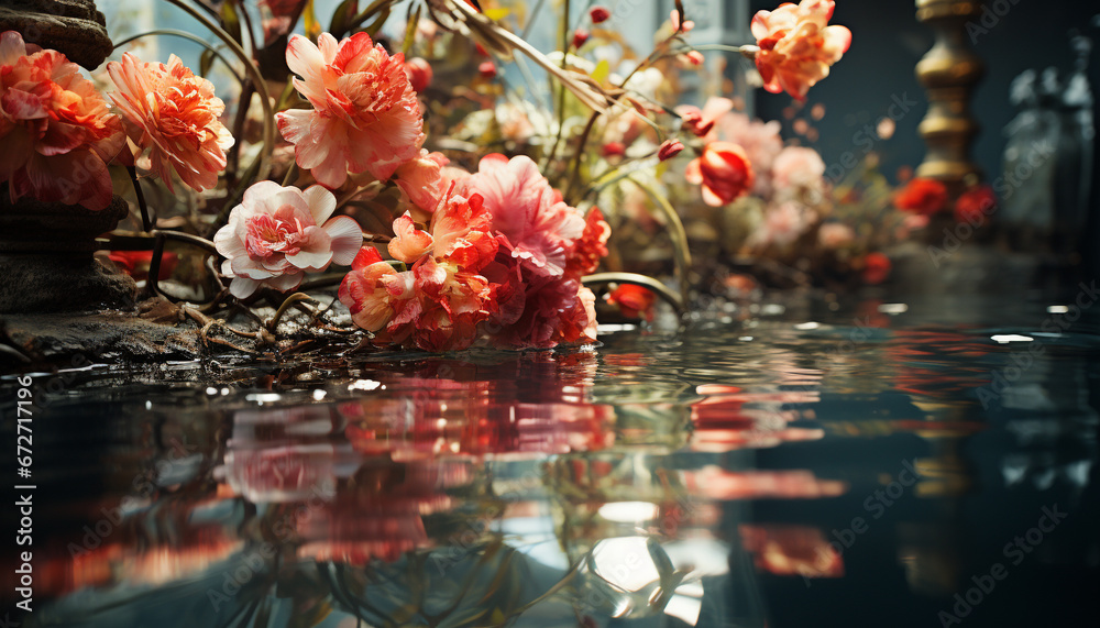 A vibrant bouquet of multi colored flowers reflects in a pond generated by AI