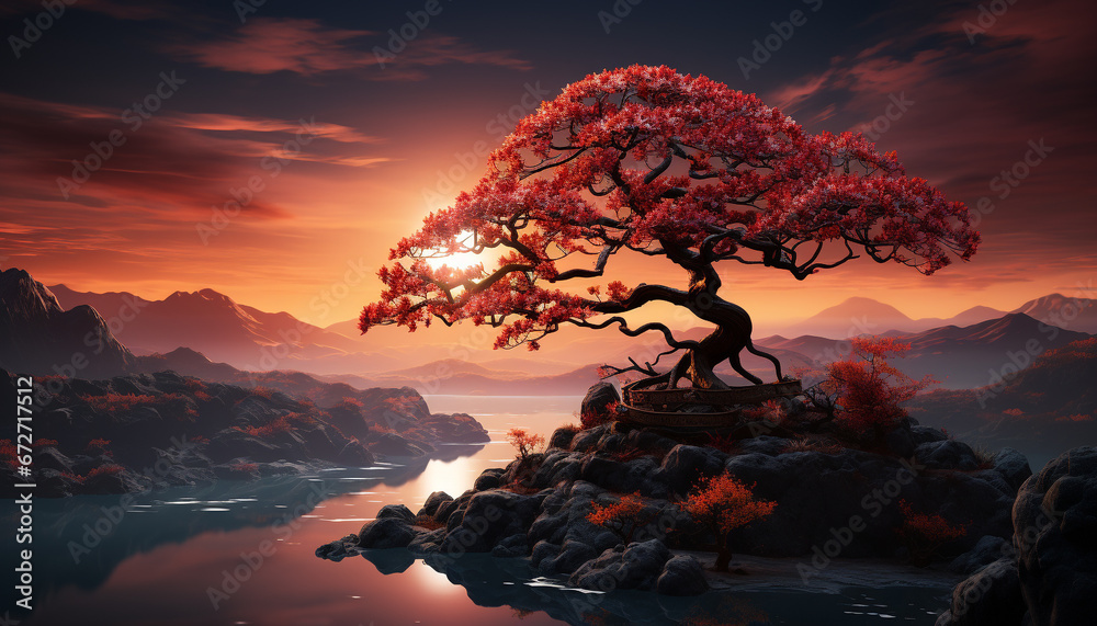 Sunset over the mountain peak creates a tranquil, breathtaking landscape generated by AI