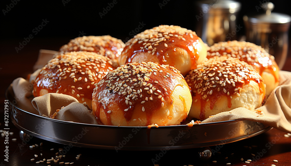 Freshly baked bread on wooden table, a gourmet delight generated by AI