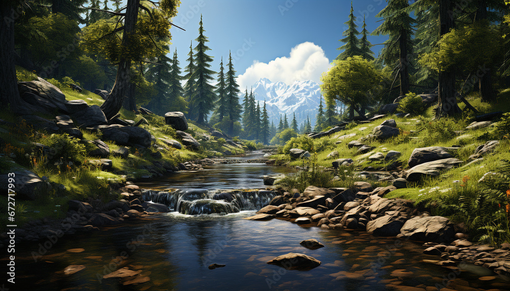 Tranquil scene mountain peak reflects in flowing water generated by AI