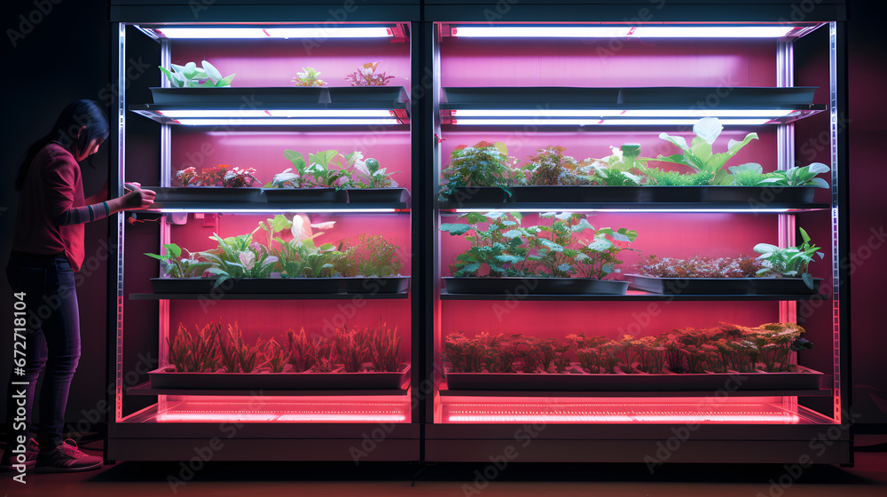 Research in organic, hydroponic vegetables plots growing on indoor vertical farm	 