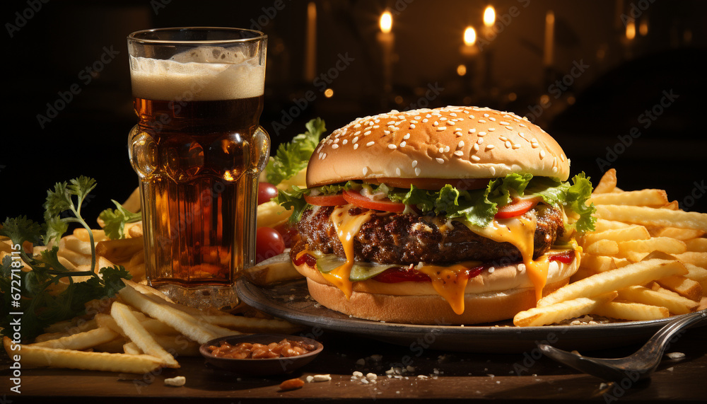 Grilled burger, fries, cheese, and drink on wooden table generated by AI