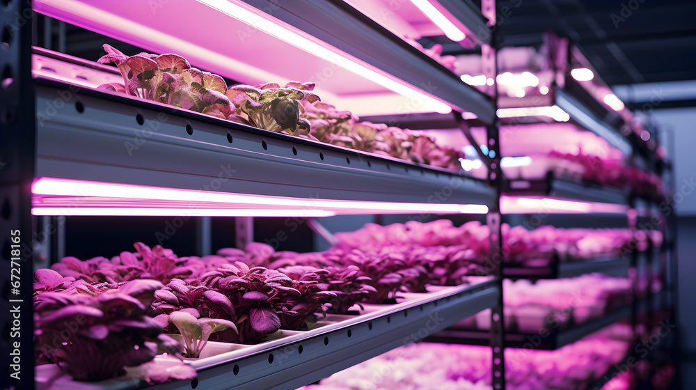 Research in organic, hydroponic vegetables plots growing on indoor vertical farm	 