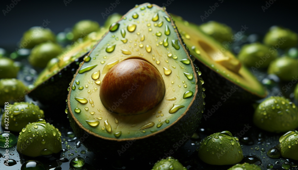 Fresh avocado slice with dew, reflecting healthy vegetarian snack generated by AI